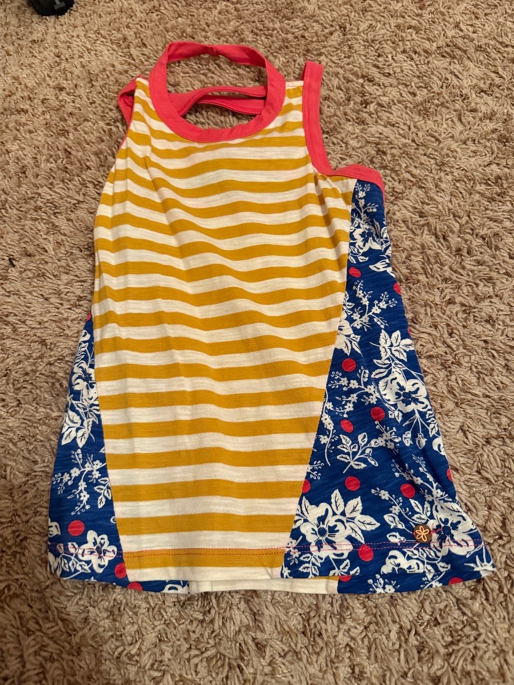 Girls' Yellow Stripe & Blue Floral Tank Dress with Pink Trim